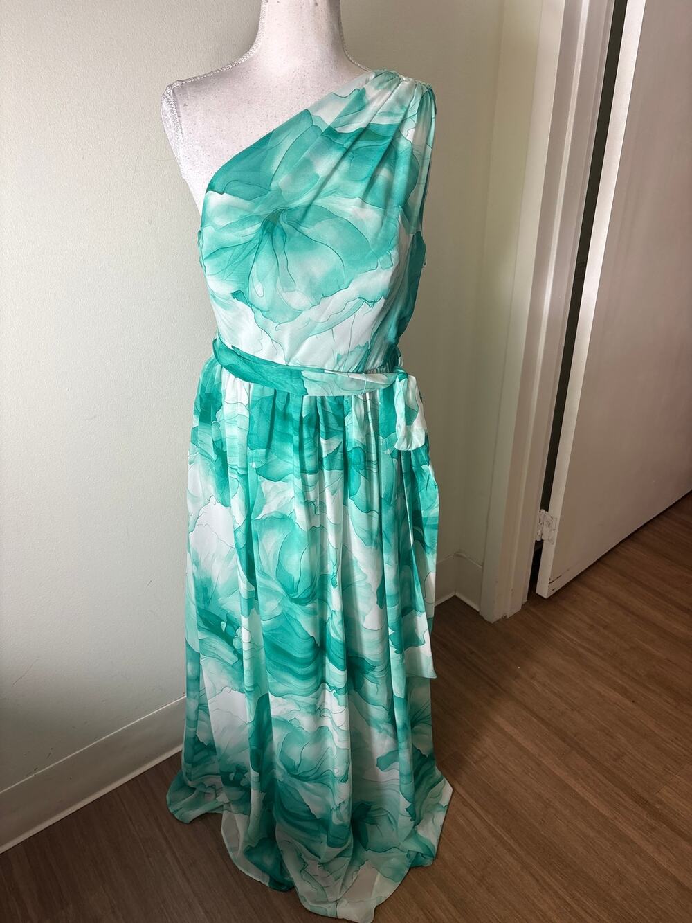 NWT Donna Karen Green Watercolor One Shoulder Floor Length Gown Sz 10